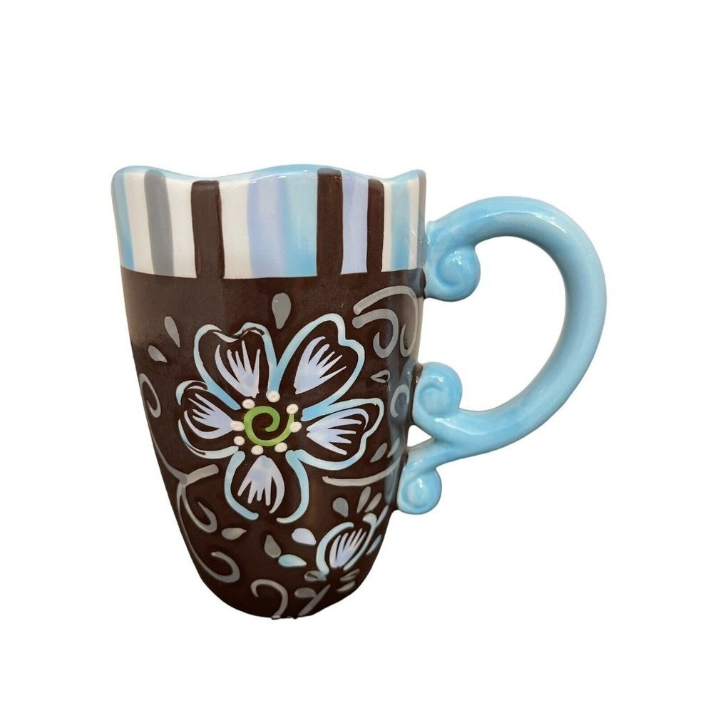 Pier‎ 1 Imports Handpainted Dolomite Coffee Mug w/Scalloped Edge Brown Blue